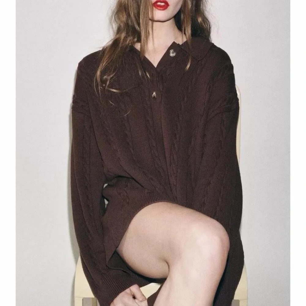 Zara Cable Knit Collared Henley Polo Oversized Sweater in Chocolate Brown - S